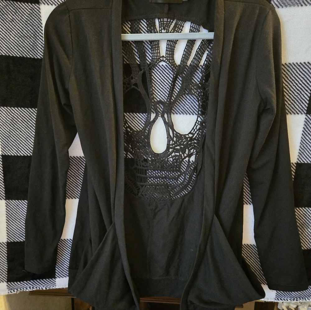 SHY LAND Black Open-Front Cardigan with Skeleton Lace Back